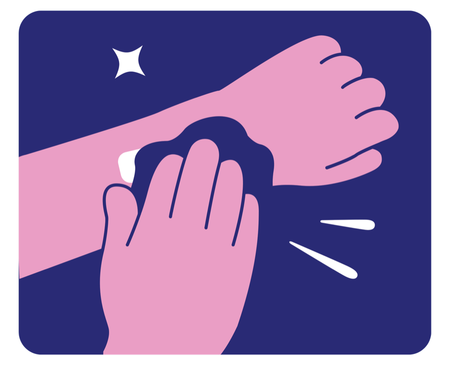 Illustration: a hand pressing a wet paper towel over the tattoo cutout on the bandage.