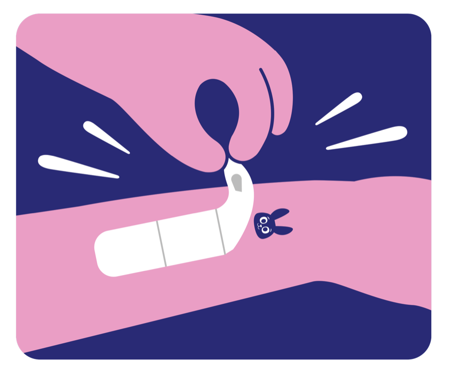 Illustration: the bandage peeling away to reveal a navy bunny tattoo on the skin.