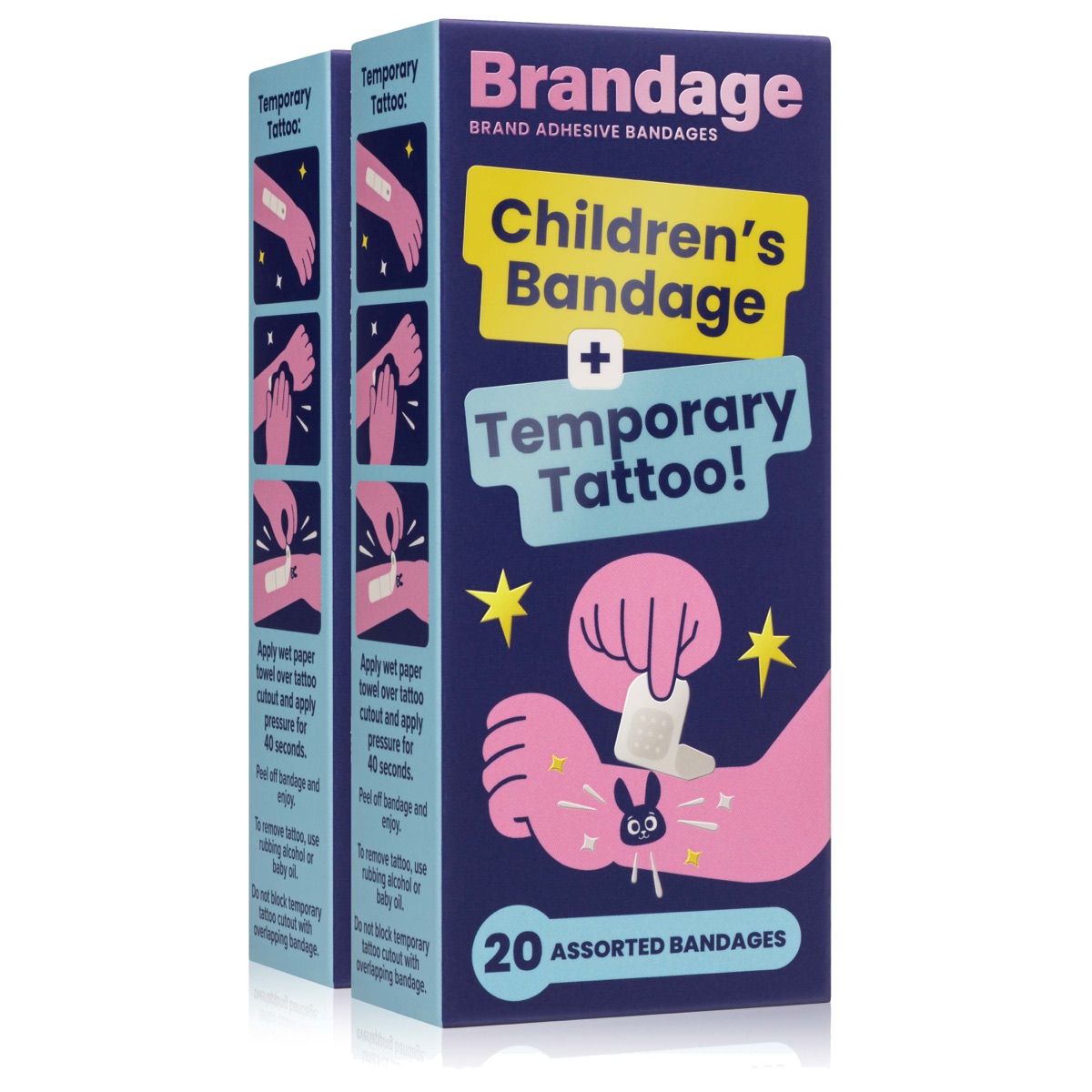 Brandage 2-pack: two navy cartons of Children's Bandage plus Temporary Tattoo, 20 assorted bandages each.