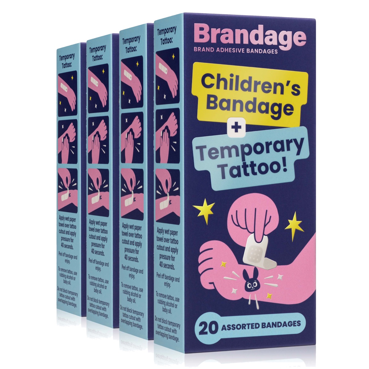 Brandage 4-pack: four navy cartons of Children's Bandage plus Temporary Tattoo, 20 assorted bandages each.