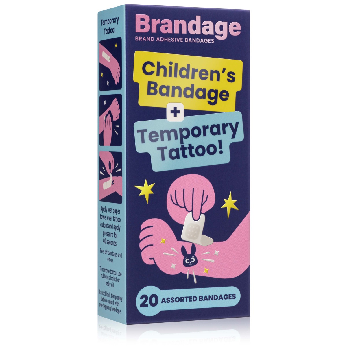 Brandage Single Pack: one navy carton of Children's Bandage plus Temporary Tattoo, 20 assorted bandages.